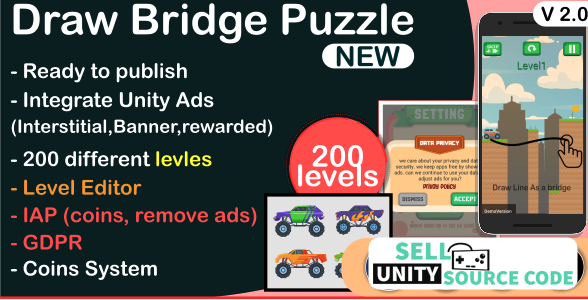 Draw Bridge Puzzle, Car Bridge (complete unity Game +unity ads+ GDPR)