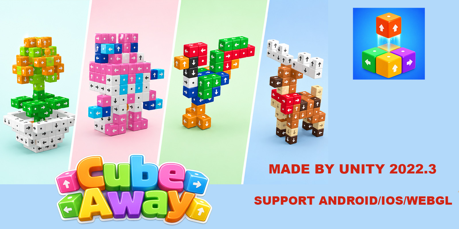 3D Cube Away Puzzle - 150 levels Unity Project source code