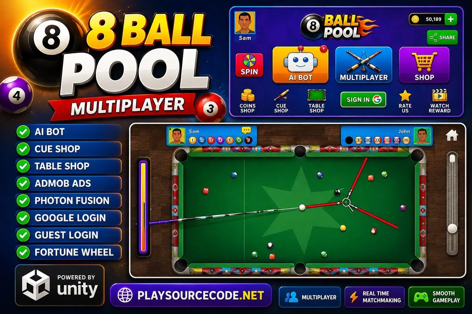 8 Ball Pool Billiards Multiplayer Game Unity Code source code