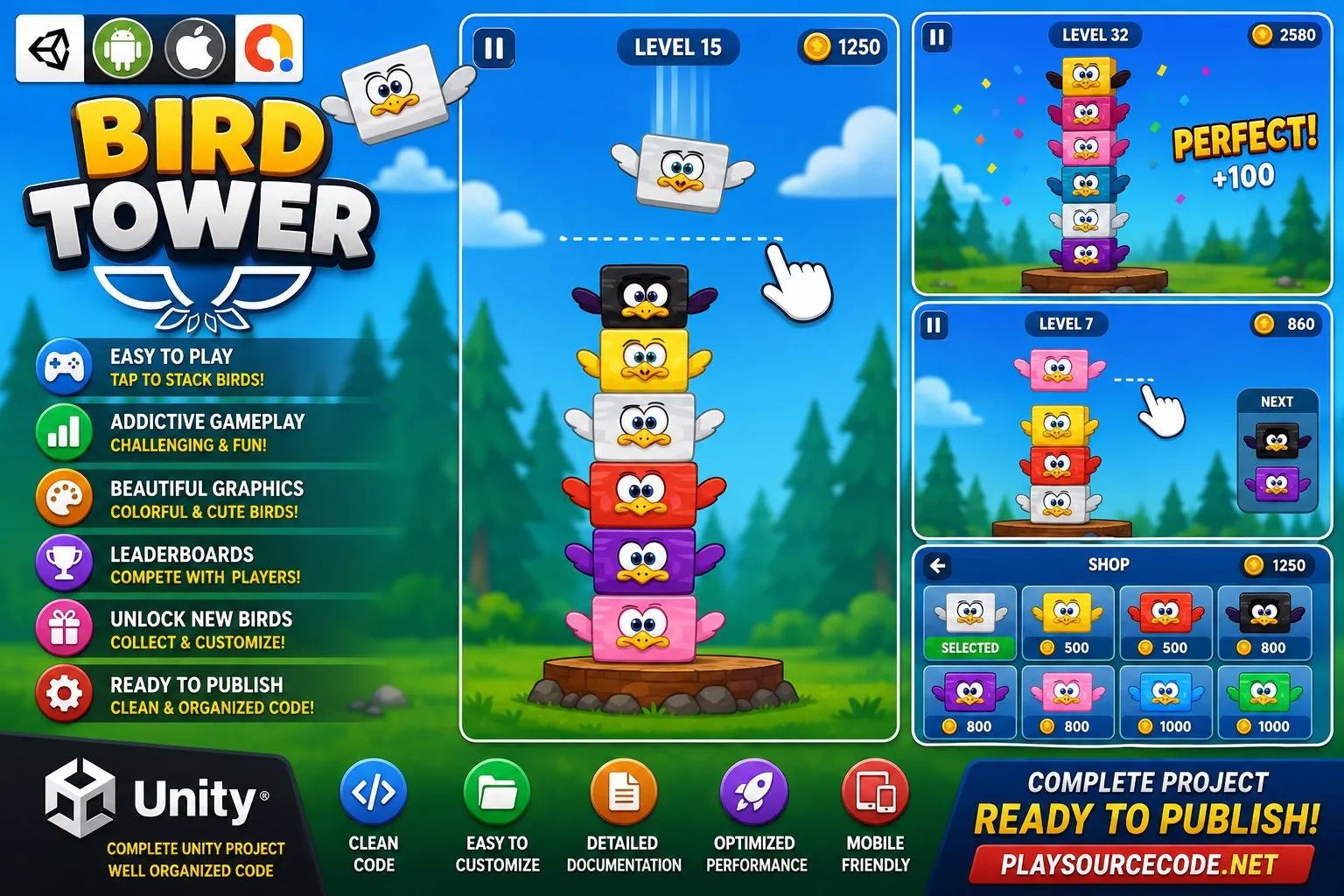 Bird Tower Unity Casual Game source code