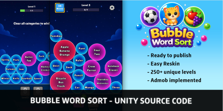 Bubble Word Sort Unity Source Code – Word Puzzle Sorting Game | SellUnitySourceCode.com screenshot 2