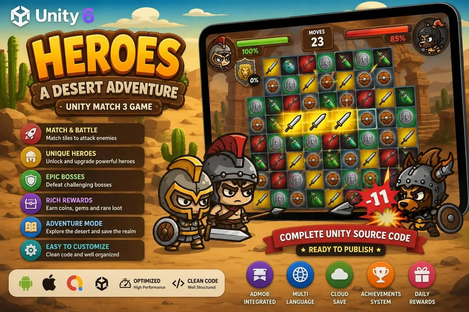 Heroes Match 3 RPG Unity Source Code – Adventure Battle Puzzle Game source code