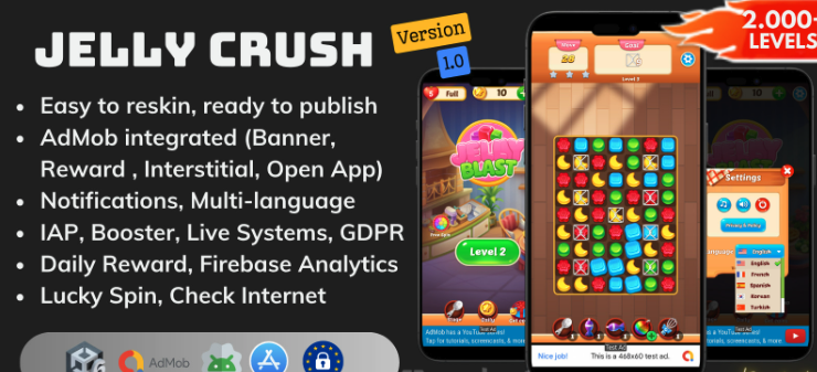 Jelly Crush Unity Source Code – Match 3 Puzzle Game with 2000 Levels | SellUnitySourceCode.com screenshot 2