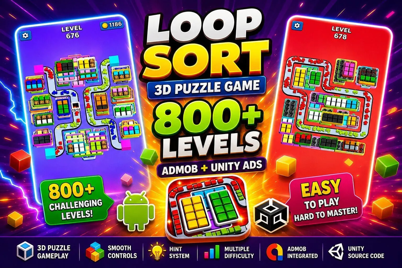 Loop Sort 3D Puzzle 800 Plus level Game Unity Source Code source code