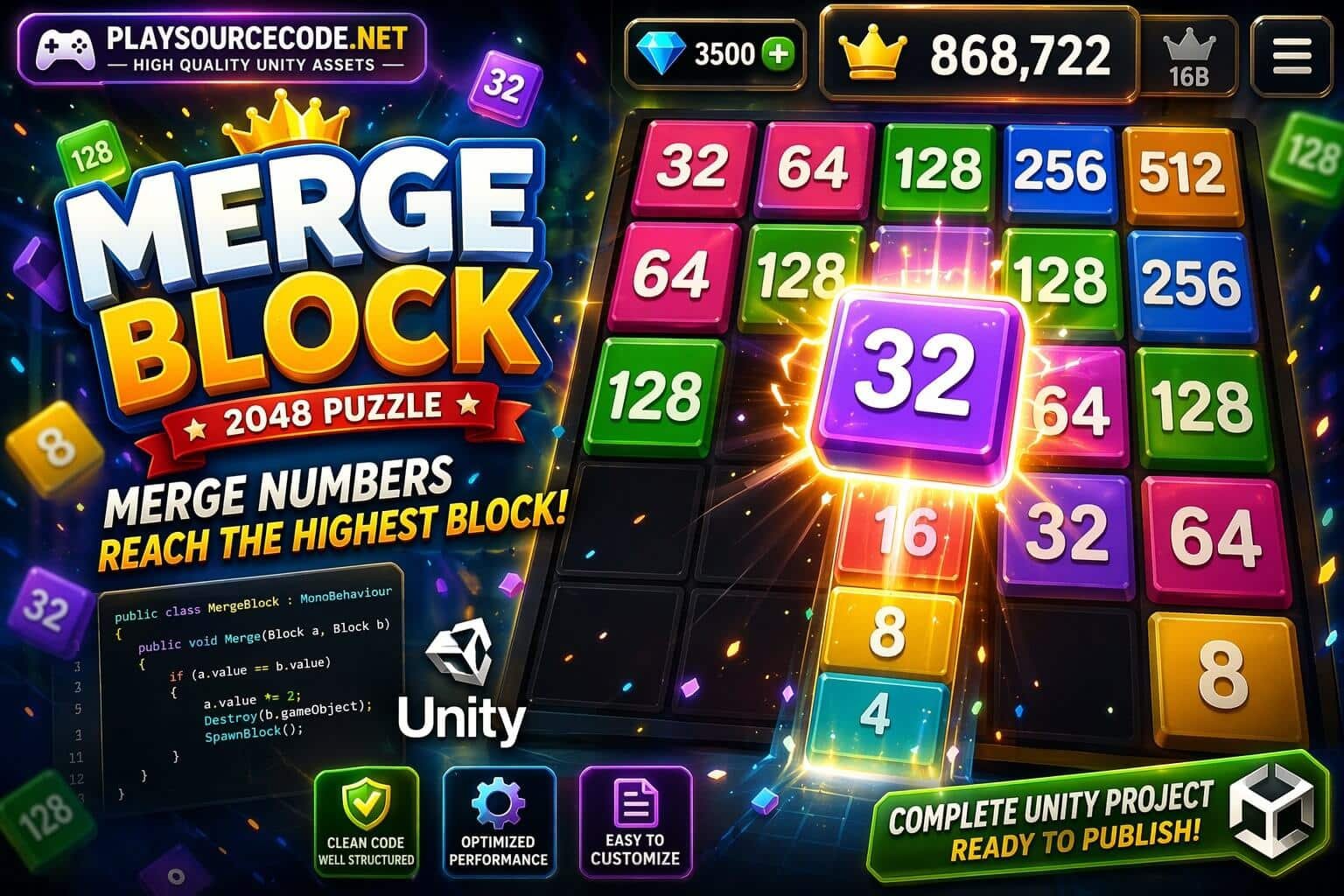 Merge Block – 2048 Puzzle Unity Project source code