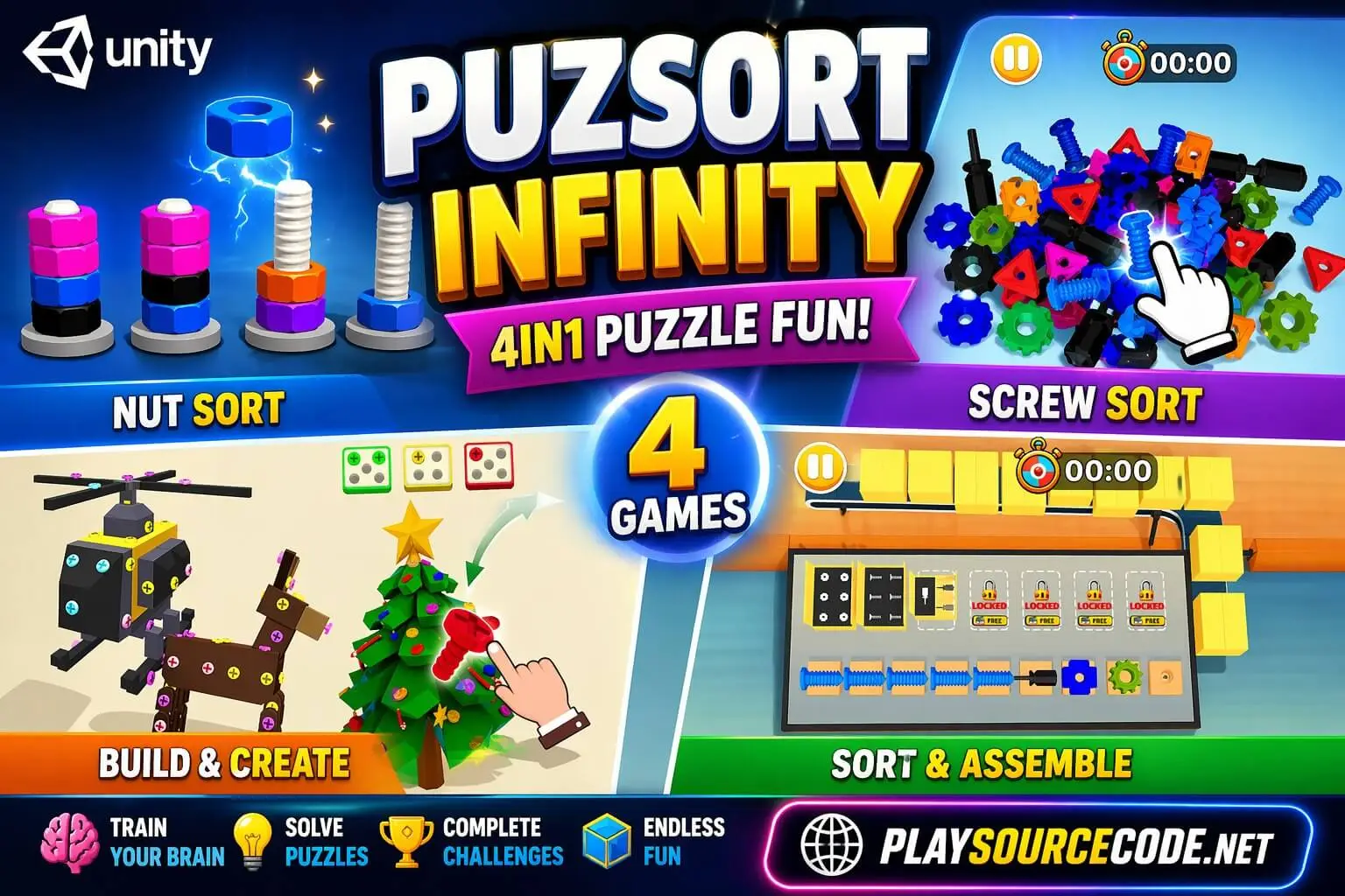Puzsort Infinity 4 in 1 Unity Complete Project source code