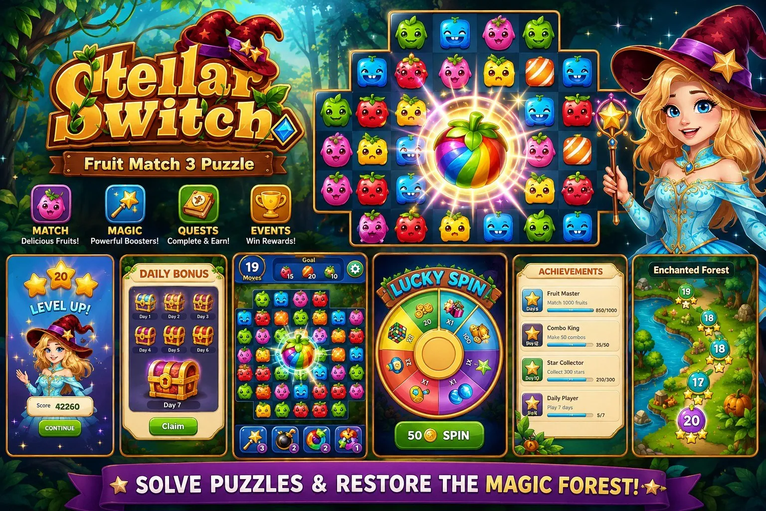 Stellar Witch Fruit Match 3 Puzzle Unity Source Code source code