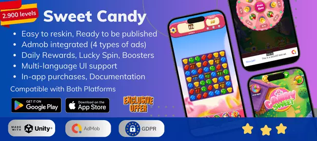 Sweet Candy Match 3 Game SellUnitySourceCode  screenshot 2