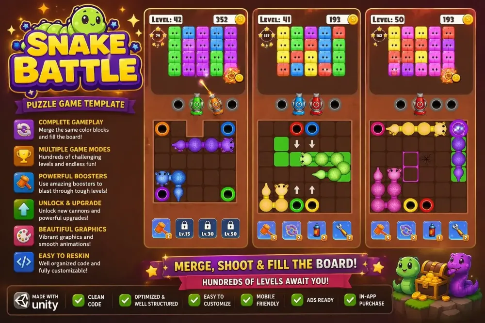 Snake Battle Puzzle – Complete Mobile Game Template