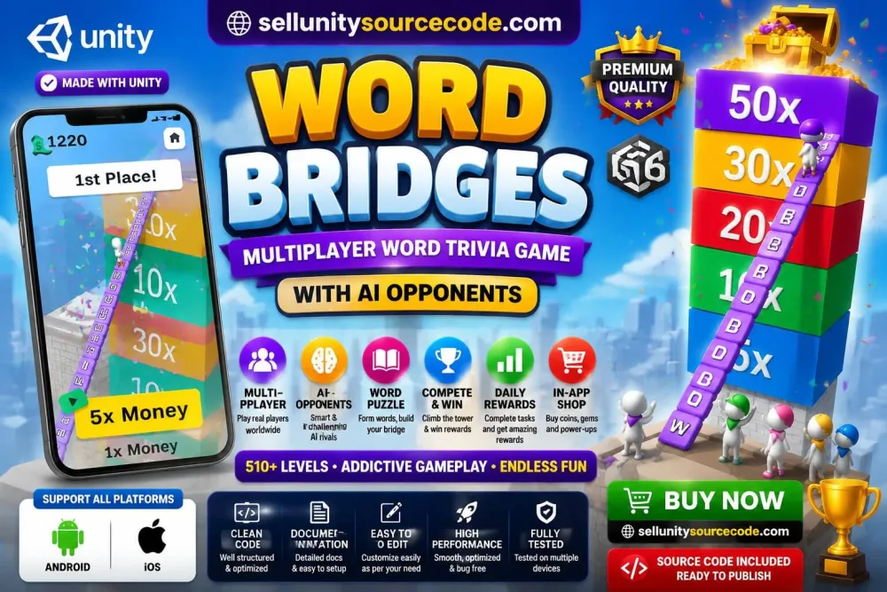Word Bridges Unity Source Code – Multiplayer Word Trivia Game Template with AI Opponents