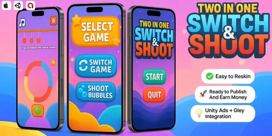 Two in one Switch & Shoot – Casual Mobile Game source code
