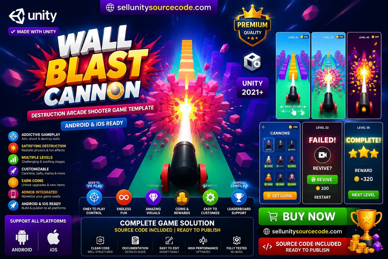 Wall Blast Cannon Unity Source Code – Destruction Arcade Shooter Game Template (Android &amp; iOS) source code