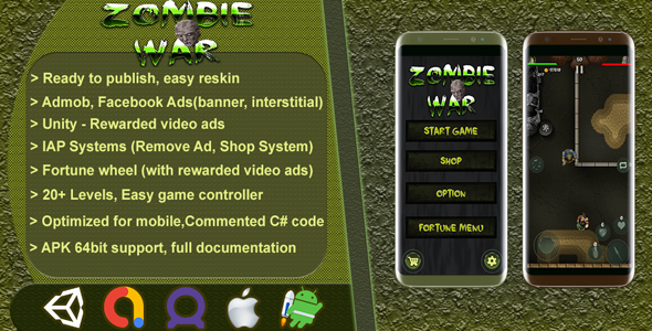 Zombie War - Battle Fight 2D - Complete Game Template / Project - Unity Game source code