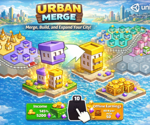 Urban Merge gameplay showing city expansion and house merging