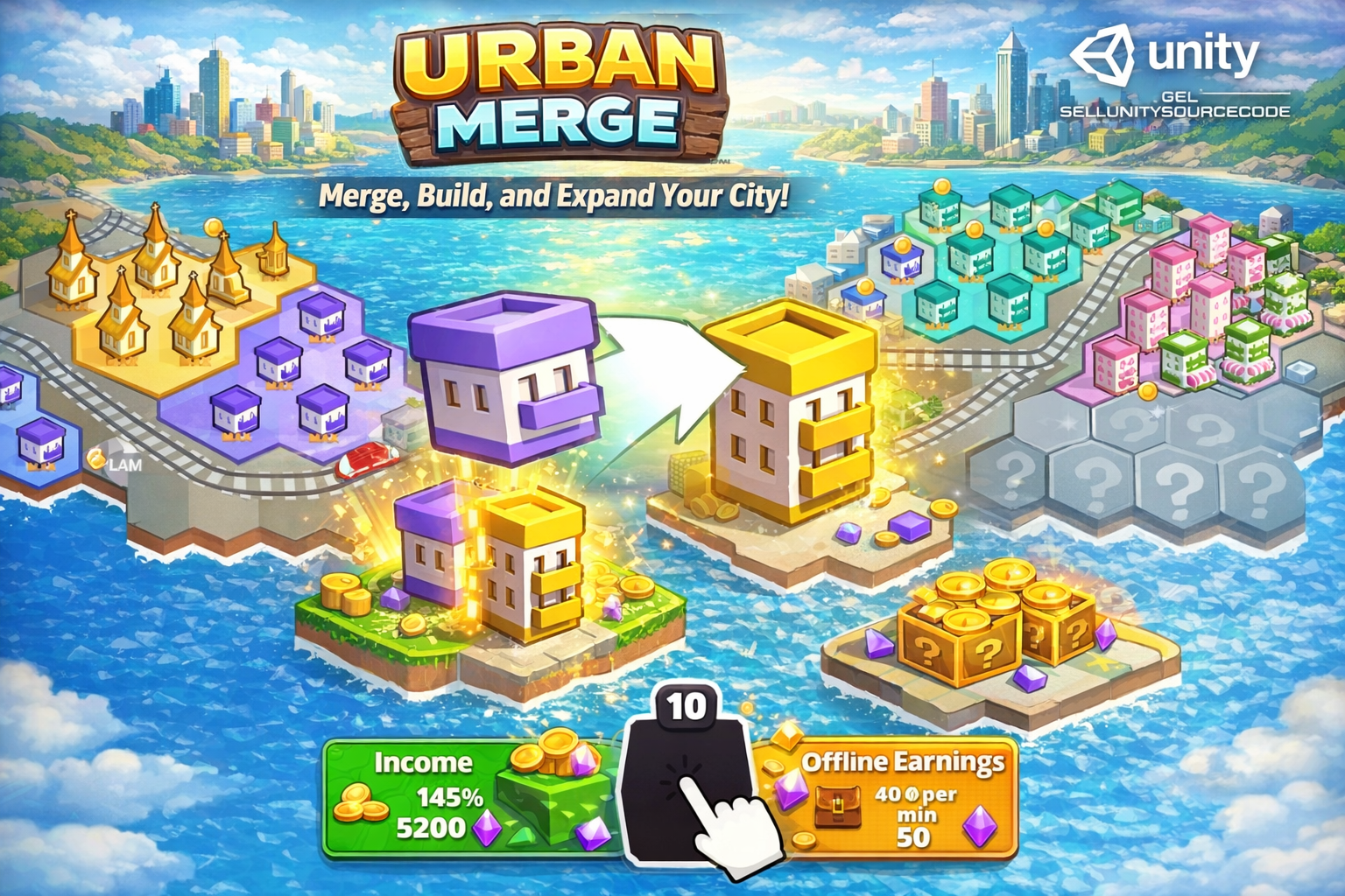 Urban Merge gameplay showing city expansion and house merging