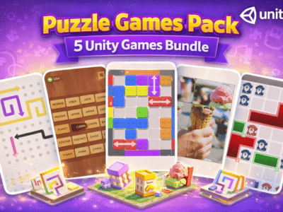 Ultimate Puzzle Games Pack showing 5 different Unity game templates