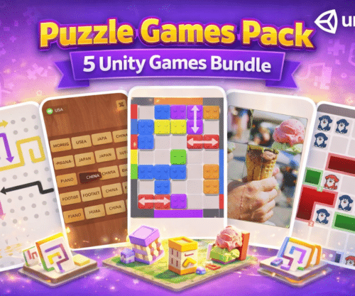 Ultimate Puzzle Games Pack showing 5 different Unity game templates